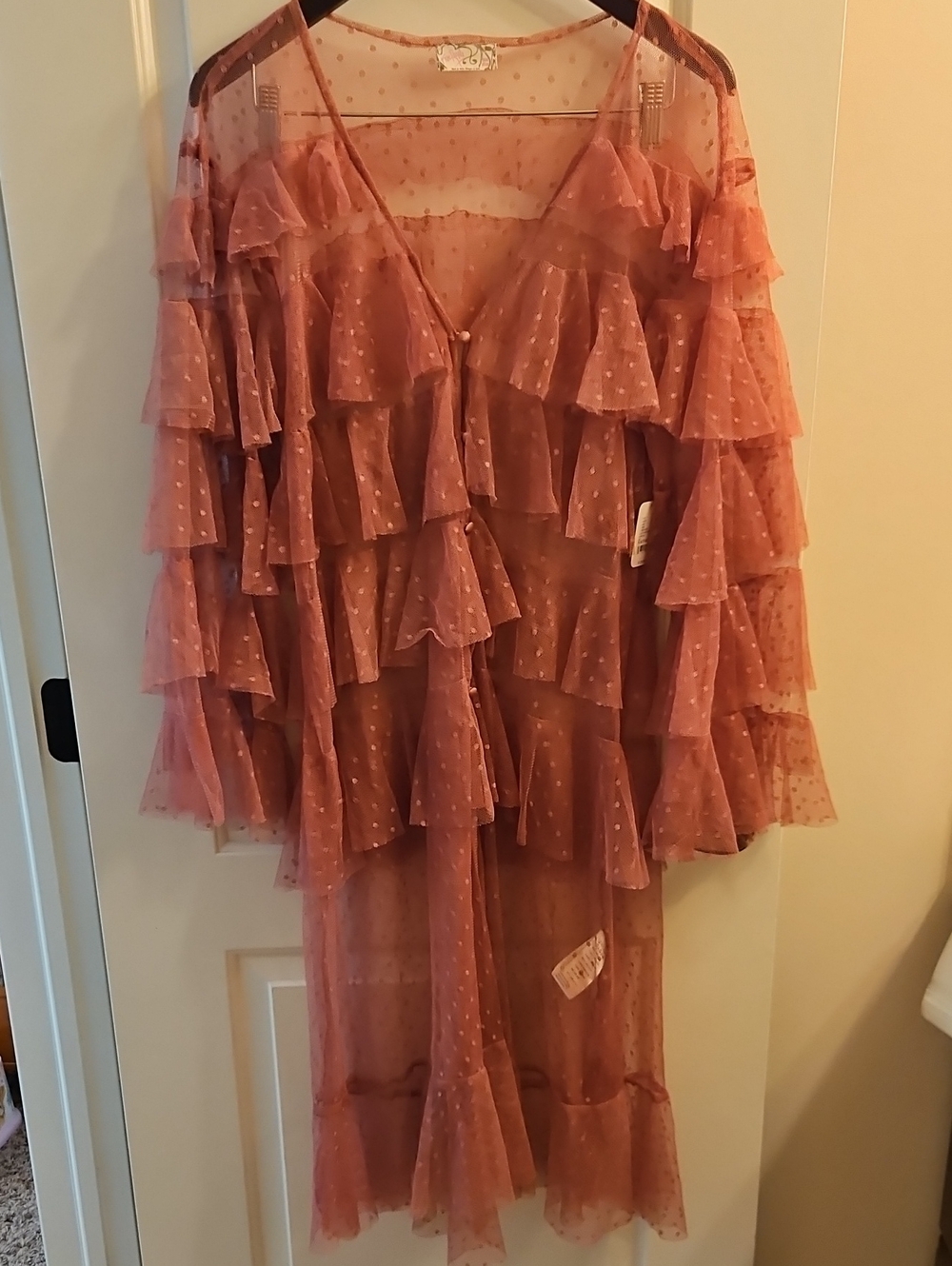 Free People Take Me Out Duster Mauve Sheer Swiss Dot Ruffle Kimono Robe NWT OS - Picture 3 of 14
